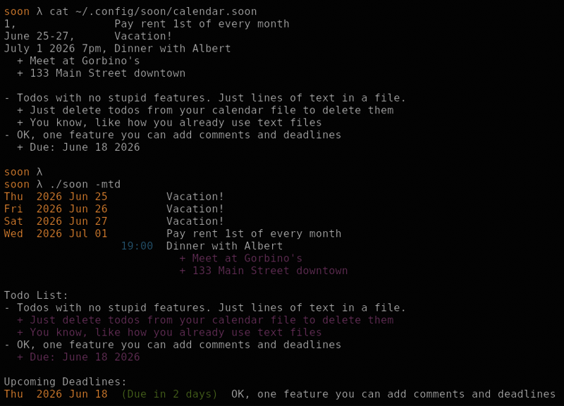 calendar and cli demo of soon